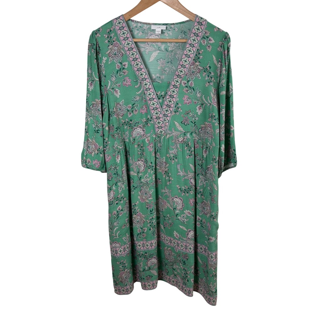 J.‎ Jill Floral Paisley Dress M Green V-Neck 3/4 Sleeve Boho Peasant Graduation